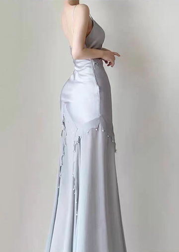 Mermaid Straps Satin Silver Long Prom Dresses Party Dress SD1320